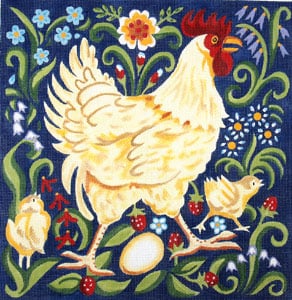 click here to view larger image of Buff Rooster w/Chicks - Wildflowers and Leaves (hand painted canvases)