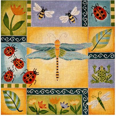 click here to view larger image of Dragonfly, Flowers & Bugs Patchwork (hand painted canvases)