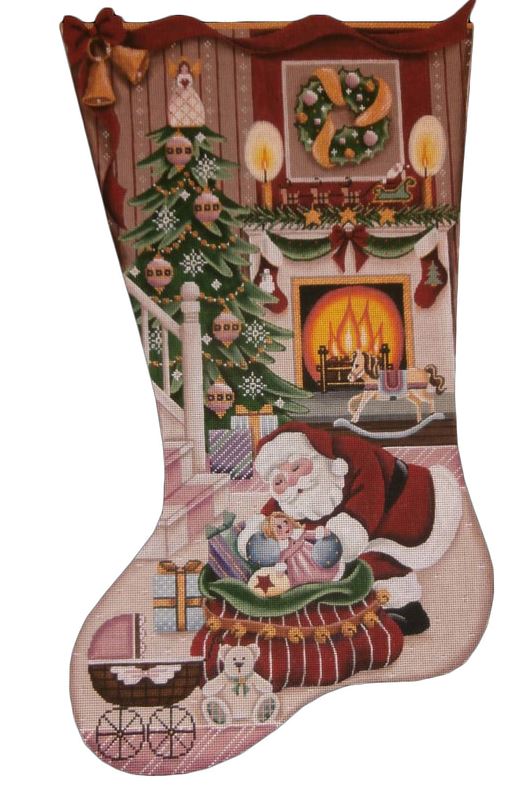 click here to view larger image of Christmas by the Fire Girl Stocking (hand painted canvases)