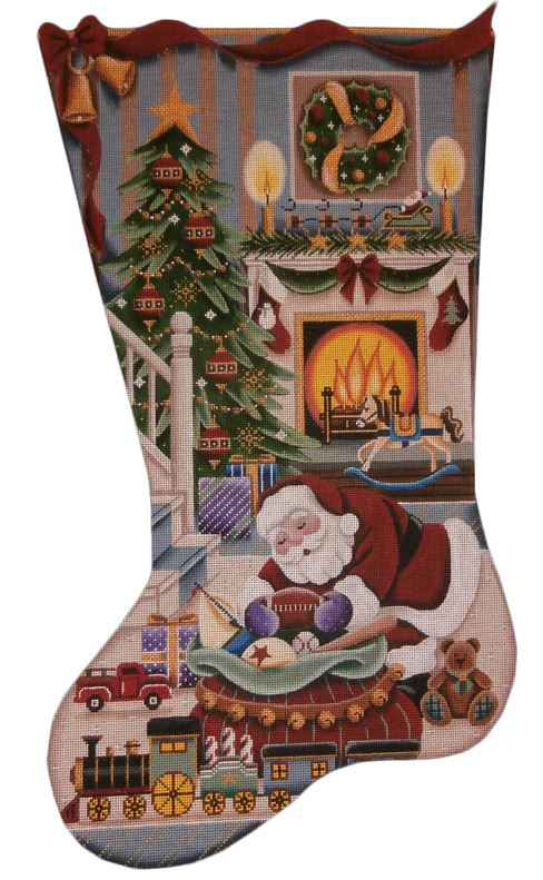 click here to view larger image of Christmas by the Fire Boy Stocking (hand painted canvases)