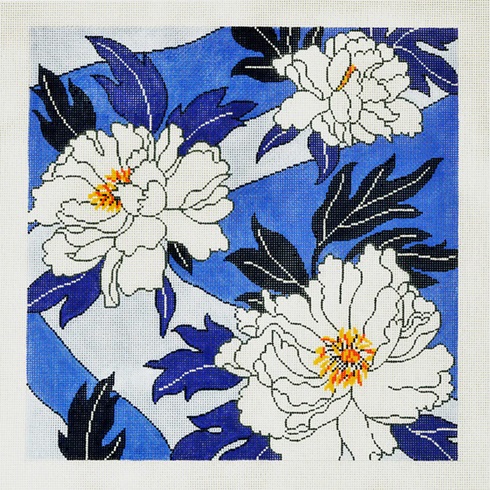 click here to view larger image of Peony on Periwinkle (hand painted canvases)