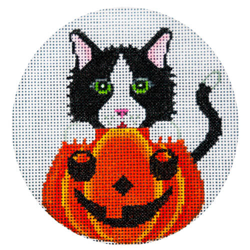 click here to view larger image of Black and White Cat in Pumpkin (hand painted canvases)
