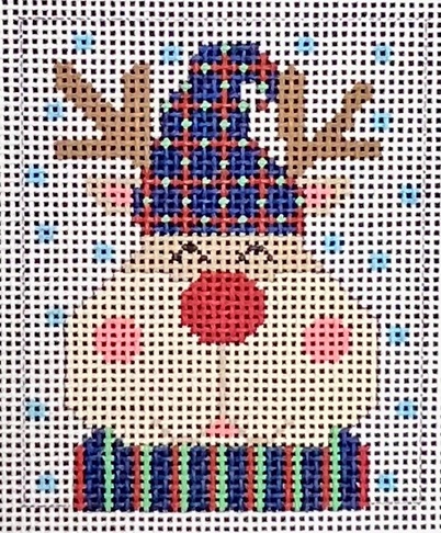 click here to view larger image of Reindeer Ornament - Blue Hat (hand painted canvases)
