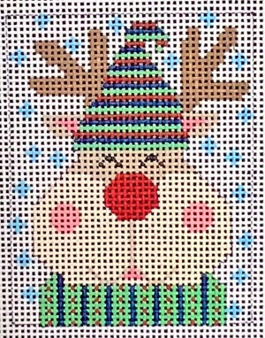 click here to view larger image of Reindeer Ornament - Striped Hat (hand painted canvases)