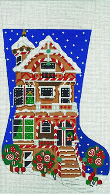 click here to view larger image of Gingerbread House Stocking (hand painted canvases)