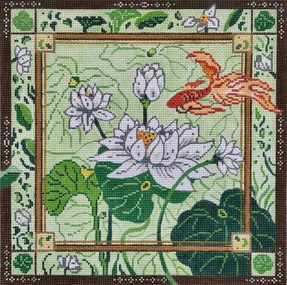 click here to view larger image of Goldfish and Lily Pads/Green & Gold Borders (hand painted canvases)