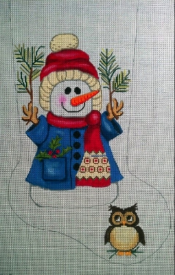 click here to view larger image of Woodland Snowman/Owl Stocking (small) (hand painted canvases)