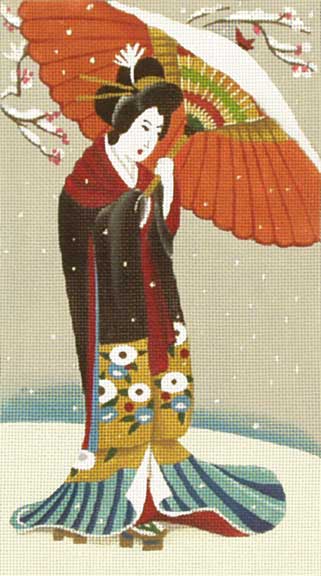 click here to view larger image of Geisha With Red Parasol in Snow (hand painted canvases)