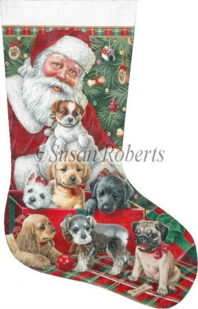 click here to view larger image of Christmas Puppies Stocking (hand painted canvases)