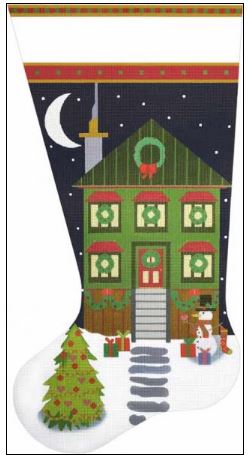 click here to view larger image of Green Christmas House Stocking (hand painted canvases)