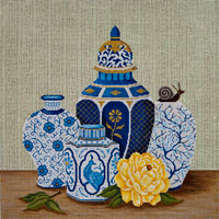 click here to view larger image of Blue Pots and Yellow Peony (hand painted canvases)