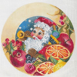 click here to view larger image of Santa Blowing Trumpet - Fruit Border Ornament (hand painted canvases)