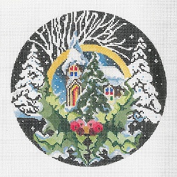 click here to view larger image of Church And Trees - Holly Border Ornament (hand painted canvases)