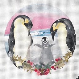 click here to view larger image of Mom and Pop With Baby Penguin Circular (hand painted canvases)