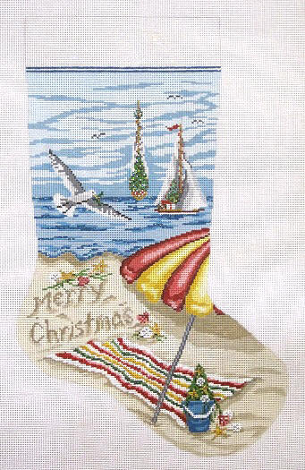 click here to view larger image of Christmas on Beach Stocking (hand painted canvases)