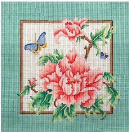 click here to view larger image of Peony - Green Border Pillow (hand painted canvases)