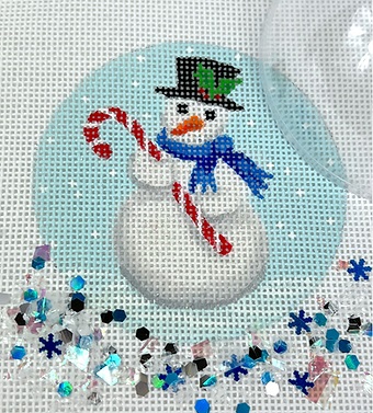 click here to view larger image of Snowman w/Candy Cane Ornament w/Clear Dome and Confetti (hand painted canvases 2)