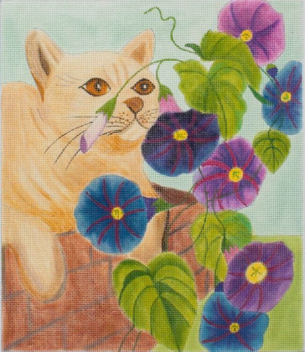 click here to view larger image of Cat and Morning Glories (hand painted canvases)