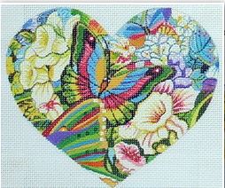 click here to view larger image of Butterflies on Flowers Heart   (hand painted canvases)