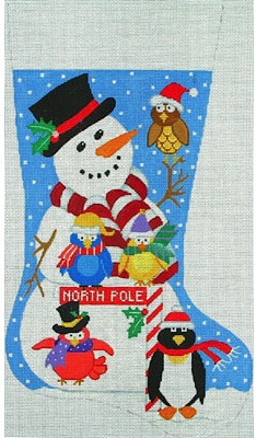 click here to view larger image of Snowman w/Birds Stocking (hand painted canvases)