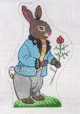 click here to view larger image of Standing Brown Boy Bunny / Holding Rose/ Blue Jacket  (hand painted canvases)