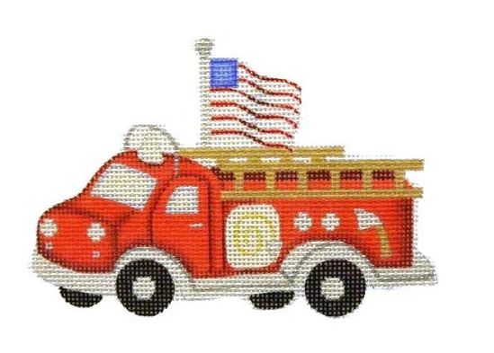 click here to view larger image of Red Fire Engine with Flag Ornament (hand painted canvases)