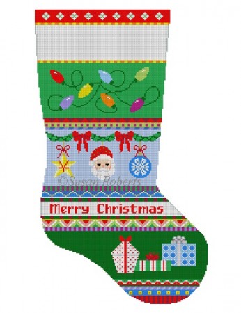 click here to view larger image of Bold Stripe Lights Ornaments Presents Stocking (hand painted canvases)