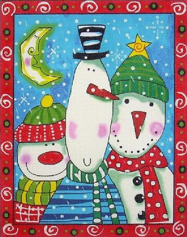 click here to view larger image of Three Snowman w/border (hand painted canvases)