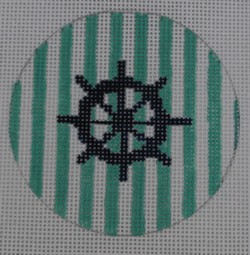 click here to view larger image of Ship Wheel on Stripe -  Navy/Seafoam (hand painted canvases)