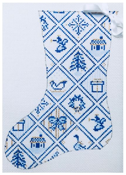 click here to view larger image of Blue/White Tiles Mini Stocking (hand painted canvases)
