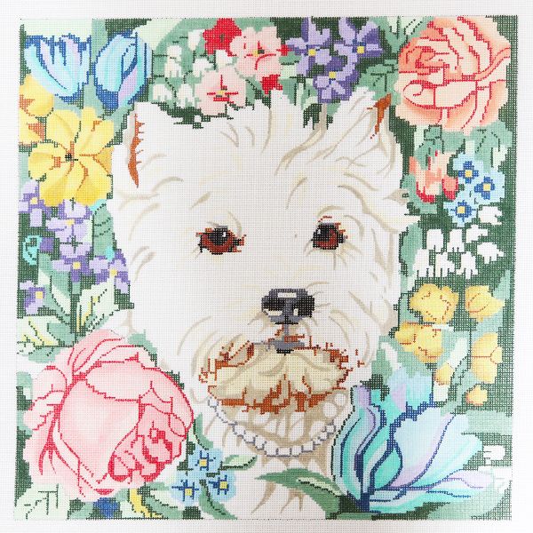 click here to view larger image of Westie in Flowers (hand painted canvases)