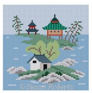 click here to view larger image of Asian Islands Coaster - 3 Houses Color (hand painted canvases)
