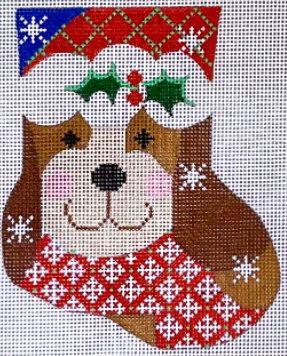 click here to view larger image of Tan Dog w/Holly Mini Stocking (hand painted canvases)