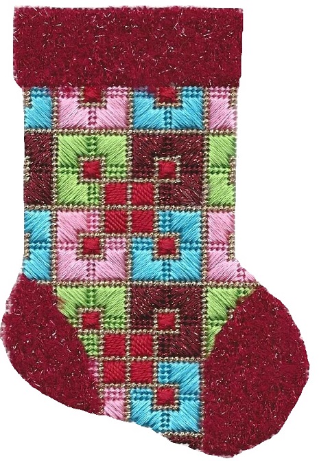 click here to view larger image of Mini Sock - Burgundy/Peach/Turquoise (hand painted canvases)