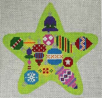 click here to view larger image of Star/Green w/Ornaments (hand painted canvases)