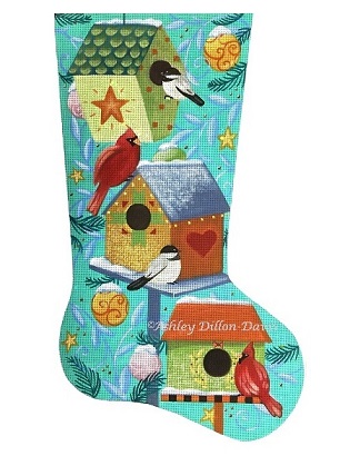 click here to view larger image of Winter Bird Houses Stocking (hand painted canvases)