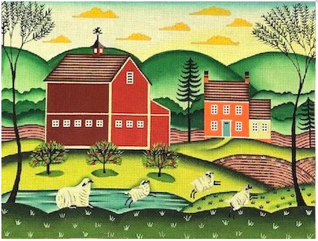 click here to view larger image of Red Barn w/Frolicking Sheep (hand painted canvases)