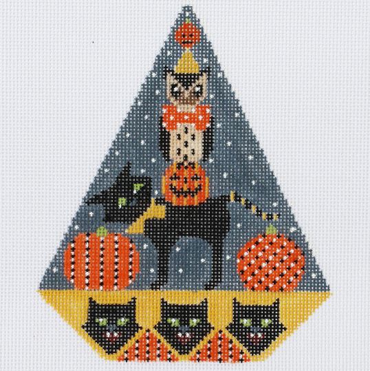 click here to view larger image of Halloween Triangle Ornament - Owly Cat (hand painted canvases)