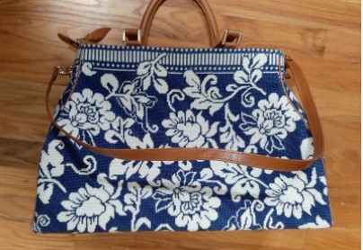 click here to view larger image of Karens Navy Damask Tote Bag (hand painted canvases)