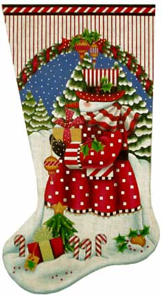 click here to view larger image of Candy Cane Snowman Stocking (hand painted canvases)