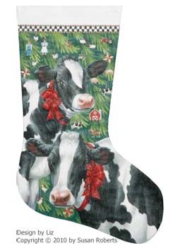 click here to view larger image of Christmas Cows Stocking (hand painted canvases)