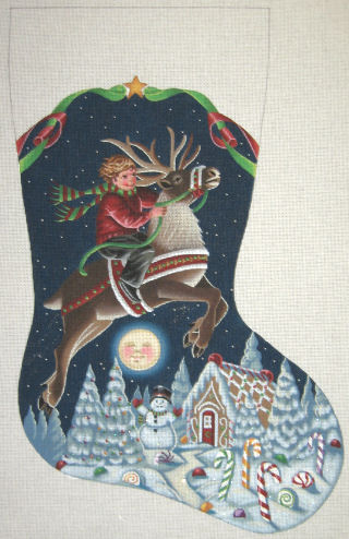 click here to view larger image of Boy on Reindeer Stocking (hand painted canvases)