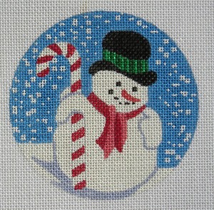 click here to view larger image of Candy Cane Snowman Ornament (hand painted canvases)