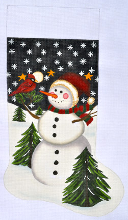 click here to view larger image of Snowman and Cardinal Stocking (hand painted canvases)