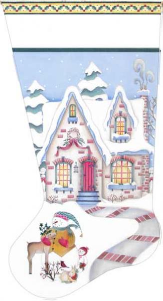 click here to view larger image of Cozy Winter Cottage Stocking (hand painted canvases)