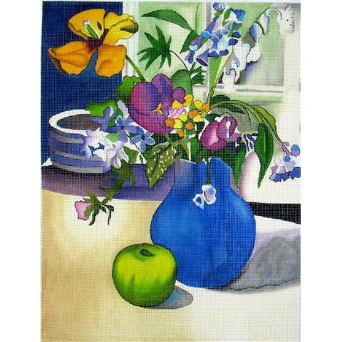 click here to view larger image of Blue Vase with Green Apple (hand painted canvases)