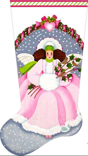 click here to view larger image of Pink Winter Angel Stocking (hand painted canvases)