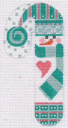 click here to view larger image of Snowman w/Scarf Candy Cane Ornament (hand painted canvases)