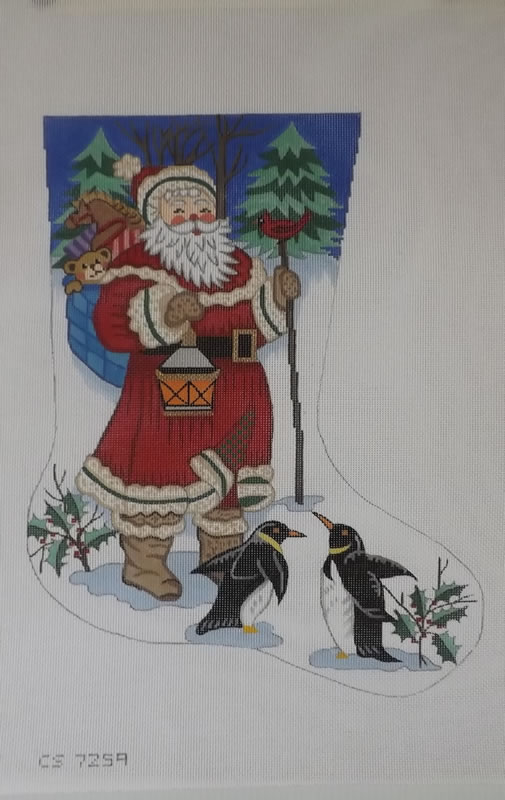 click here to view larger image of Christmas Stocking - Santa w/Penguins   (hand painted canvases)