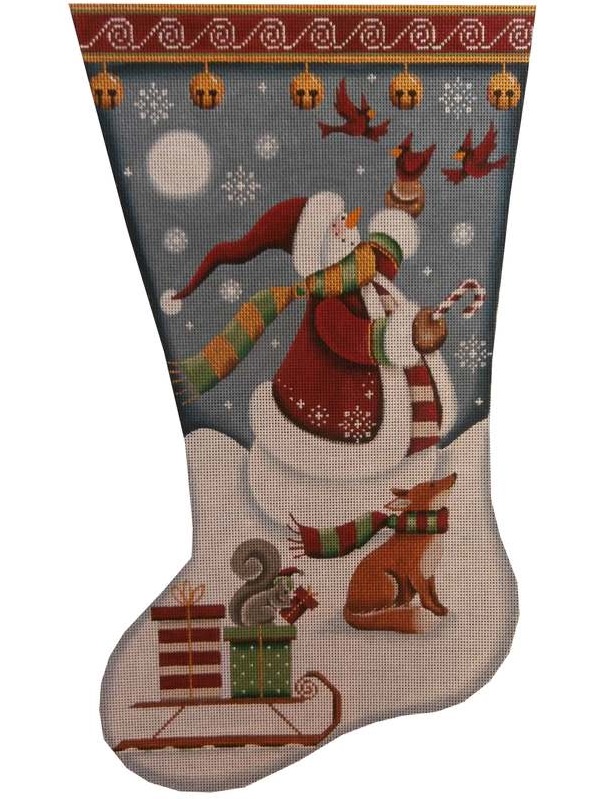 click here to view larger image of Snowman/Cardinals Stocking (hand painted canvases)